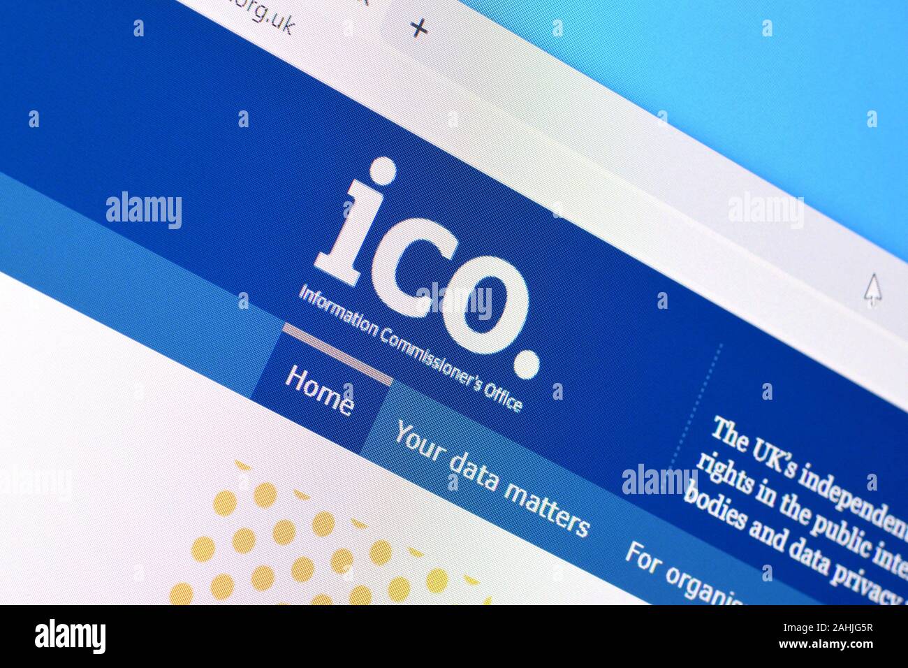 NY, USA - DECEMBER 16, 2019: Homepage of ico org website on the display of PC, url - ico.org.uk. Stock Photo