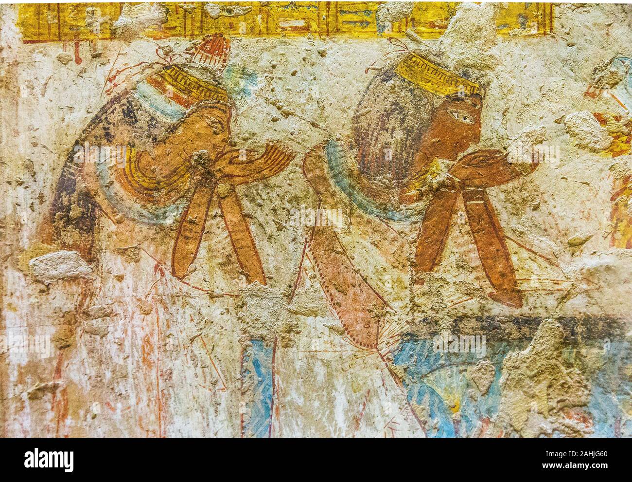 Thebes in Egypt, Valley of the Nobles, tomb of Neferronpet. A couple drinks water : This is the Spell 62 of the Book of the Dead. Stock Photo