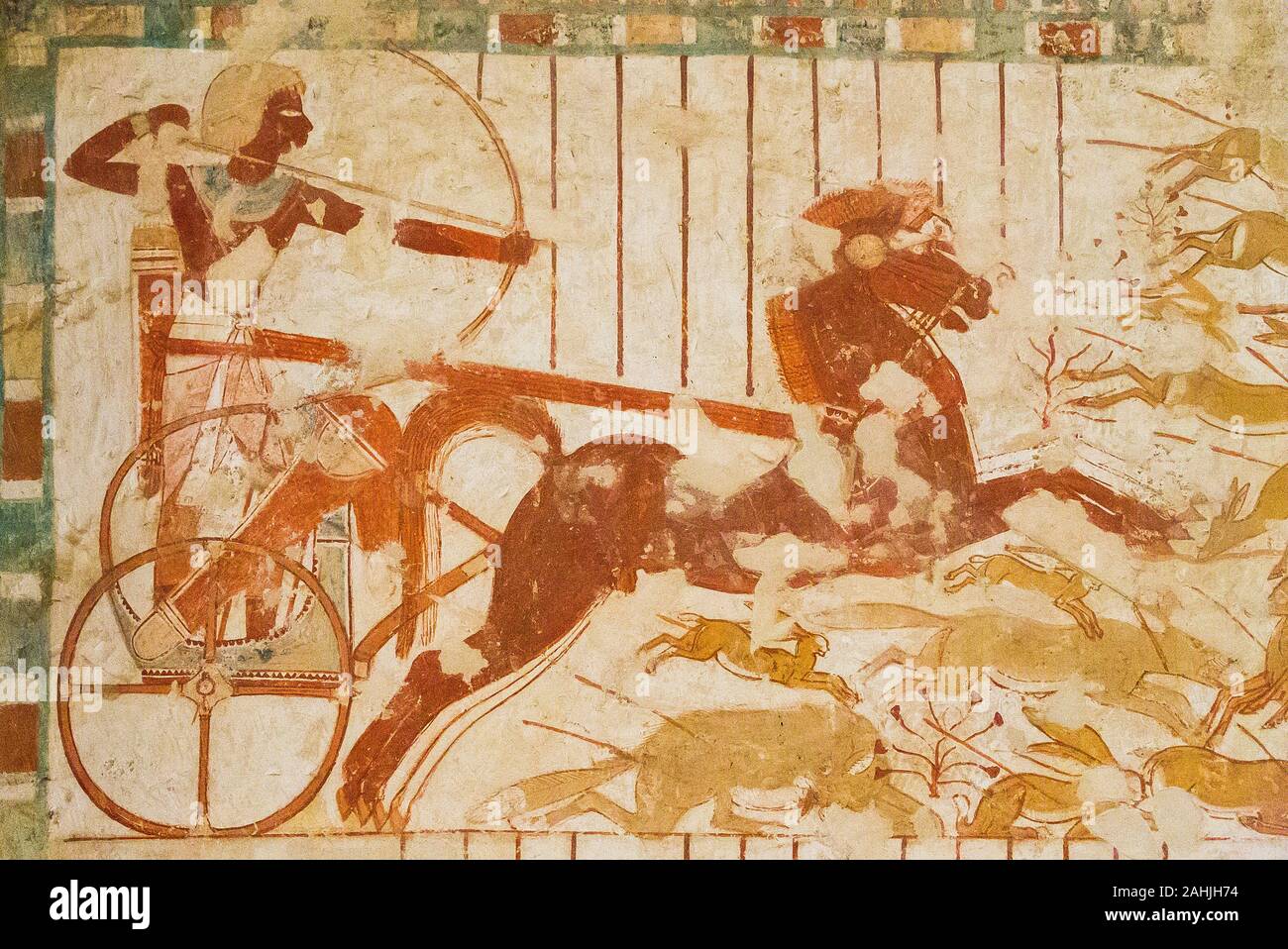 UNESCO World Heritage, Thebes in Egypt, Valley of the Nobles, tomb of Userhat (TT 56). Userhat hunts animals with his bow. Stock Photo