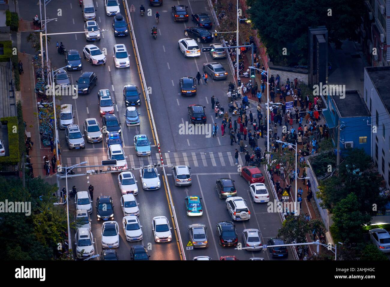 Congestion caused by school leaving in the city Stock Photo