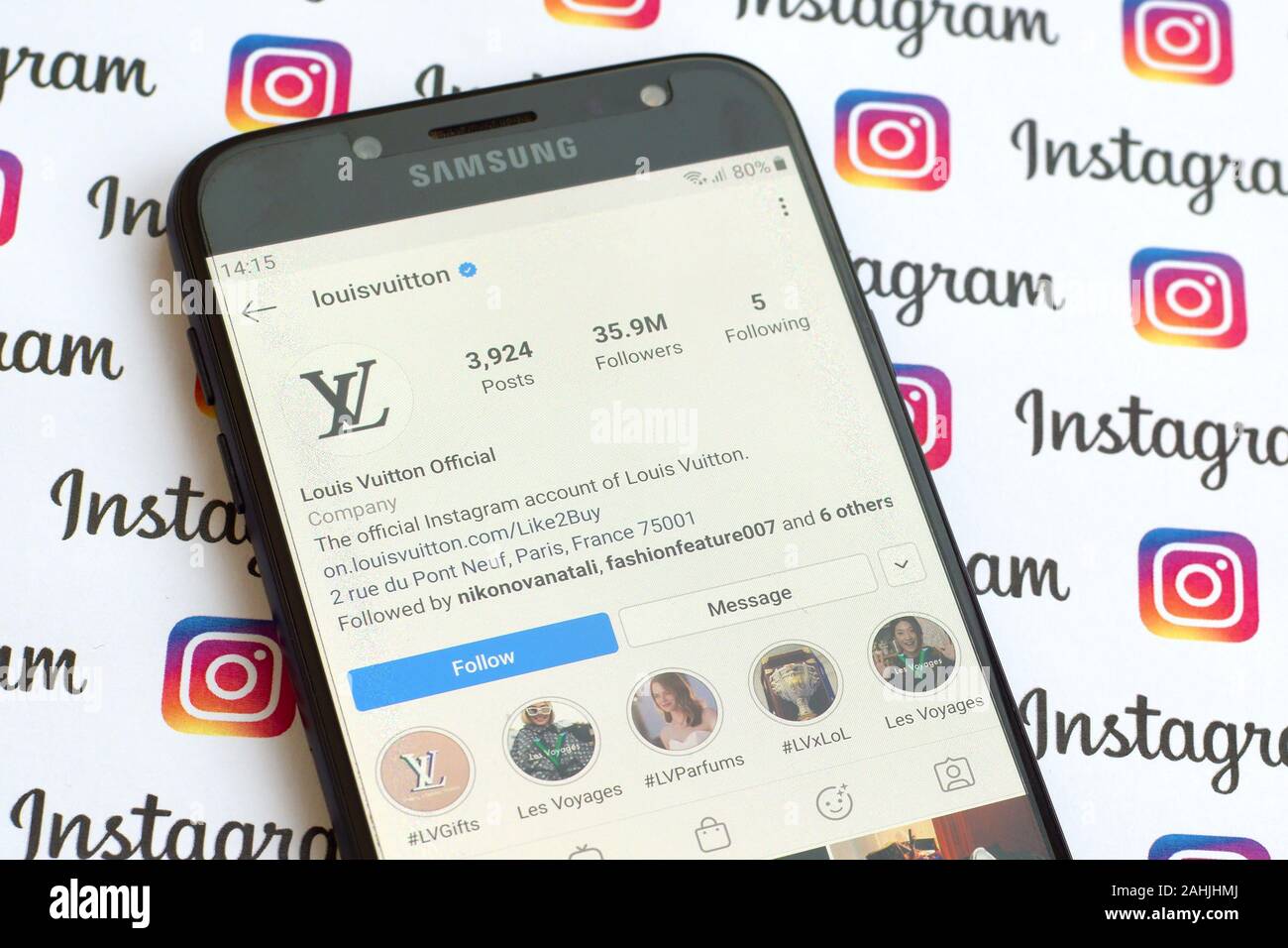 NY, USA - DECEMBER 4, 2019: Louis Vuitton official instagram account on  smartphone screen on paper instagram banner Stock Photo - Alamy