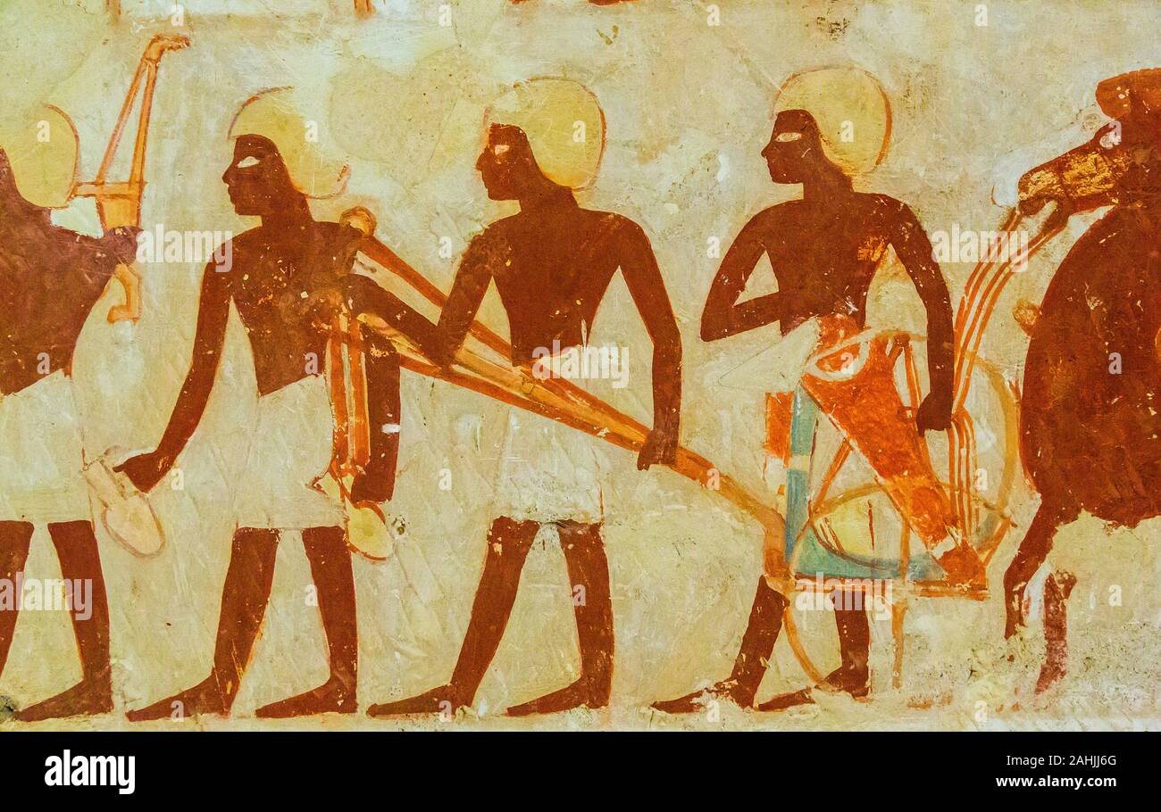 UNESCO World Heritage, Thebes in Egypt, Valley of the Nobles, tomb of Userhat (TT 56). The chariot of Userhat, with a quiver attached. Stock Photo