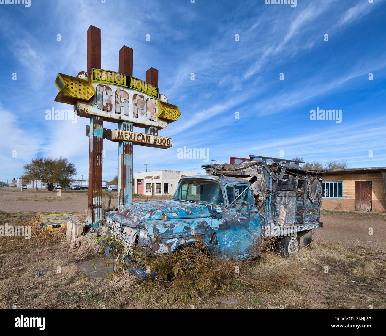 Route 66 Abandoned Ranch House cafe and its vintage neon sign on Route 66 in Tucumcari New Mexico