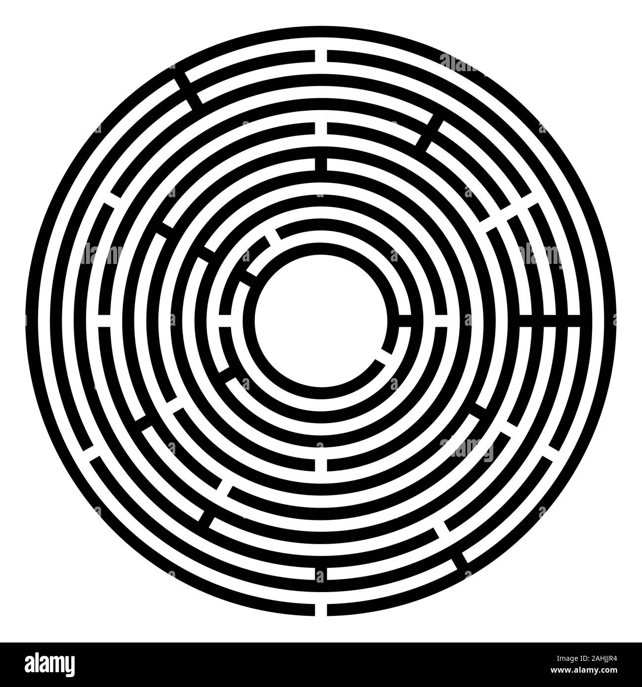 Black circular maze. Radial labyrinth. Find a route to the centre. Print out and follow the path by a pencil or fingertip. Collection of paths. Stock Photo