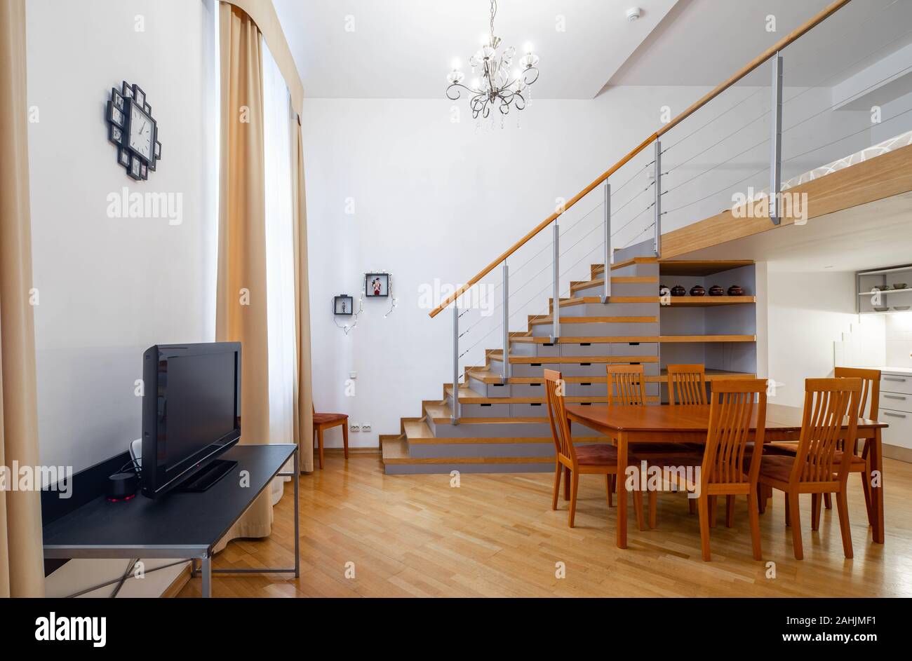 Modern Interior Of Spacoious Studio Apartment Private House Staircase Wooden Table Stock Photo Alamy