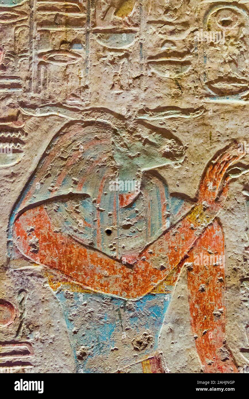 Egypt, temple of Beit el Wali, Kalabsha Island, lake Nasser. Early construction of Ramses II. The god Khnoum presents the signs of power and life. Stock Photo
