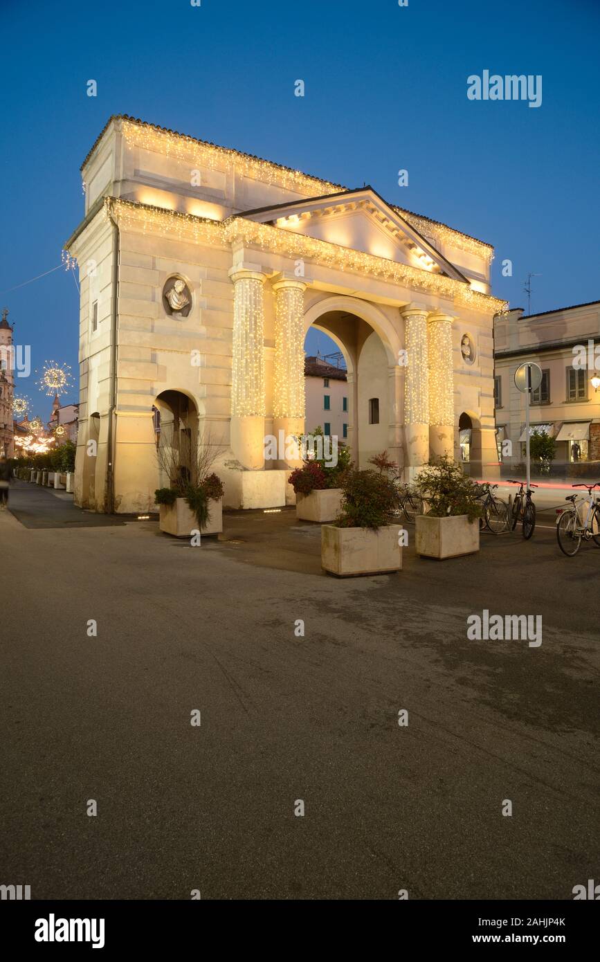 Italy, Lombardy, Crema, View of Porta Ombriano Gate, Christmas Lights Stock Photo