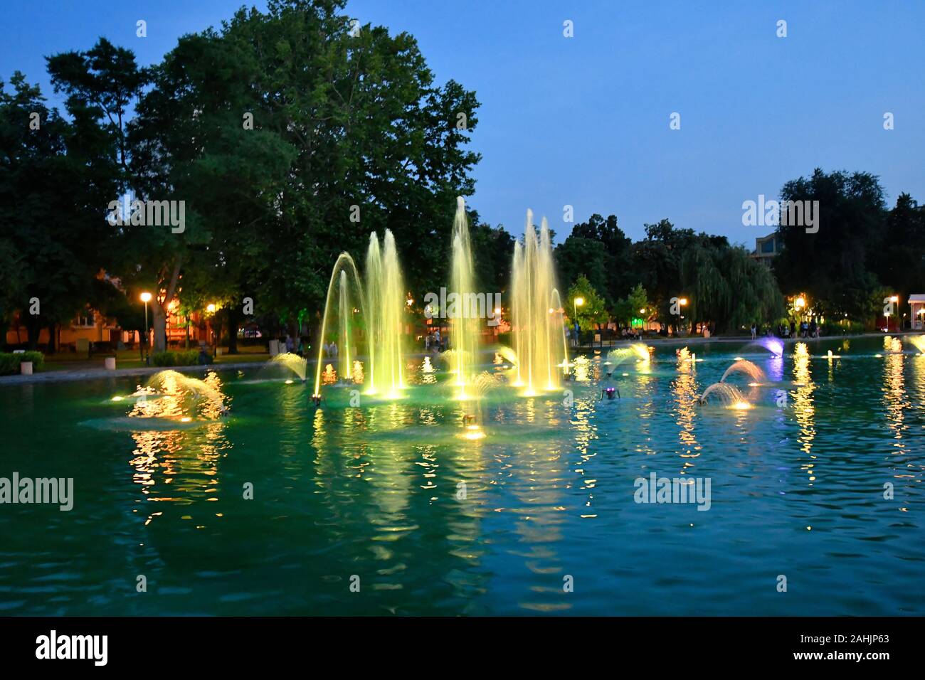 Bulgaria, illuminated fountains on evening in Tsar Simeons Garden, Stock Photo