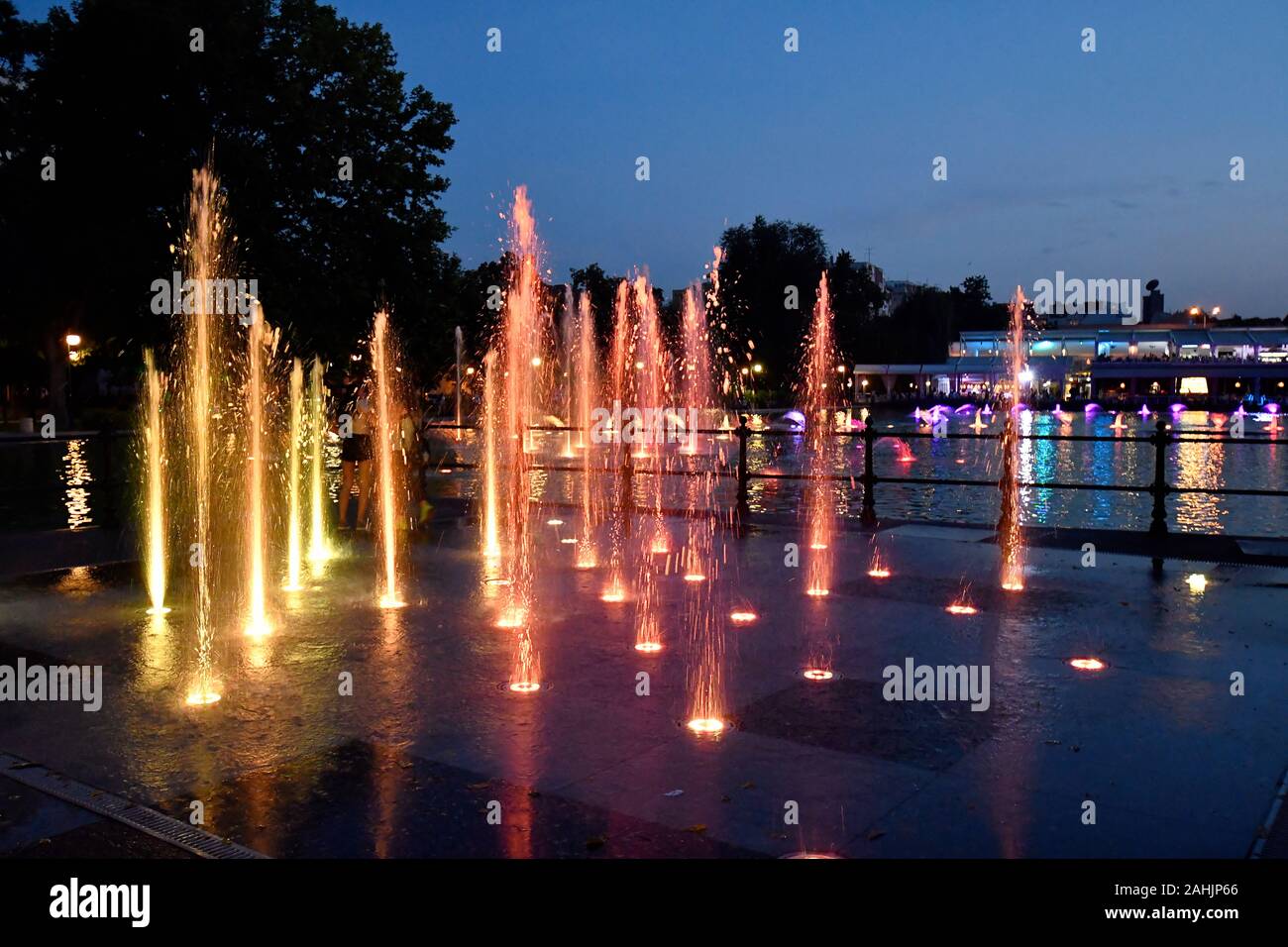 Bulgaria, illuminated fountains and lake on evening in Tsar Simeons Garden, Stock Photo