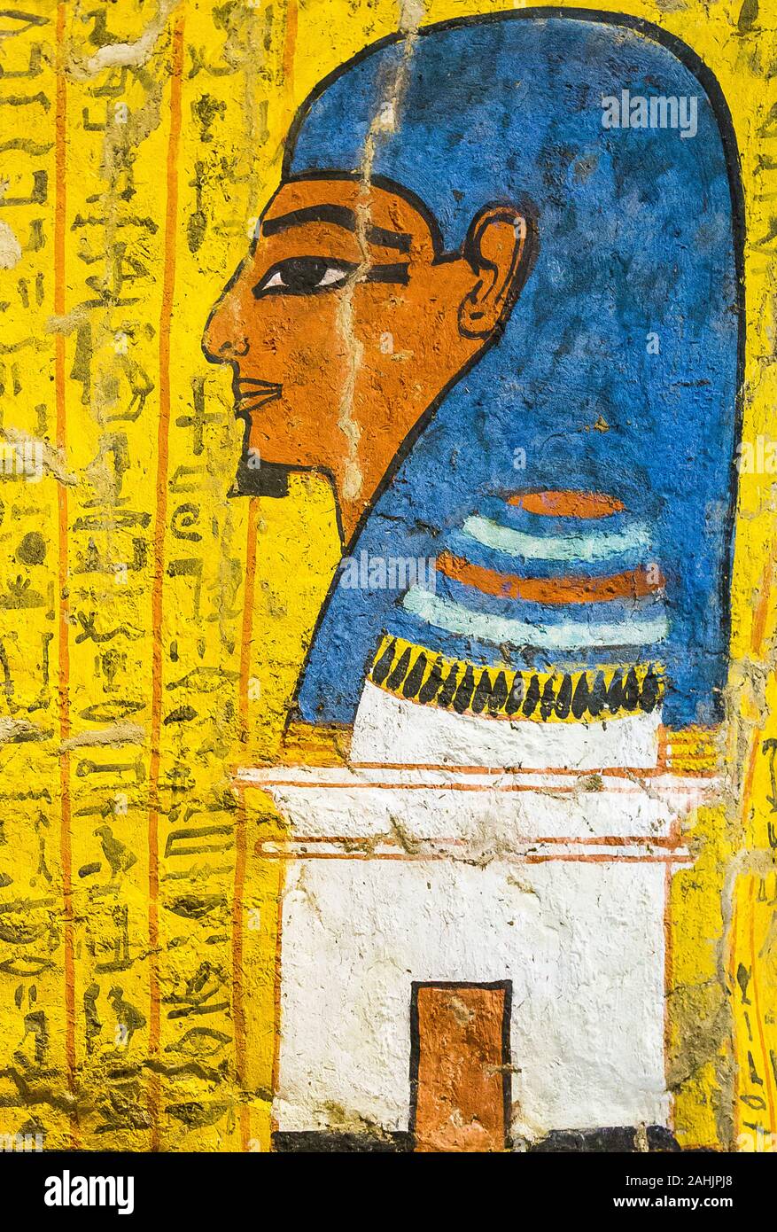 UNESCO World Heritage, Thebes in Egypt, Deir el Medineh, tomb of Irynefer. The mummy mask is depicted over the tomb. Stock Photo