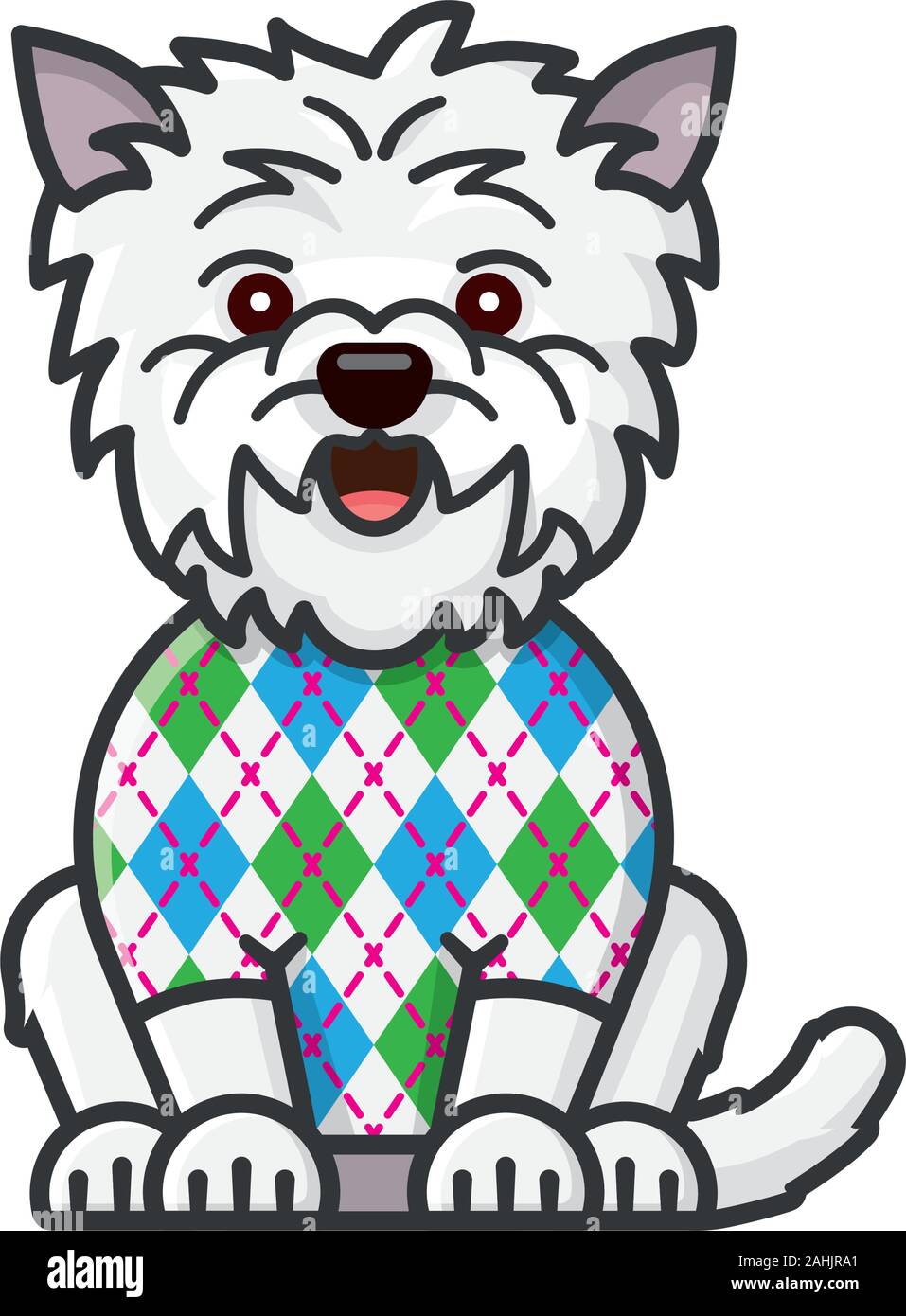 West Highland White Terrier with Argyle pattern on sweater isolated  color illustration for Argyle Day on January 8. Cartoon vector symbol of scottish Stock Vector