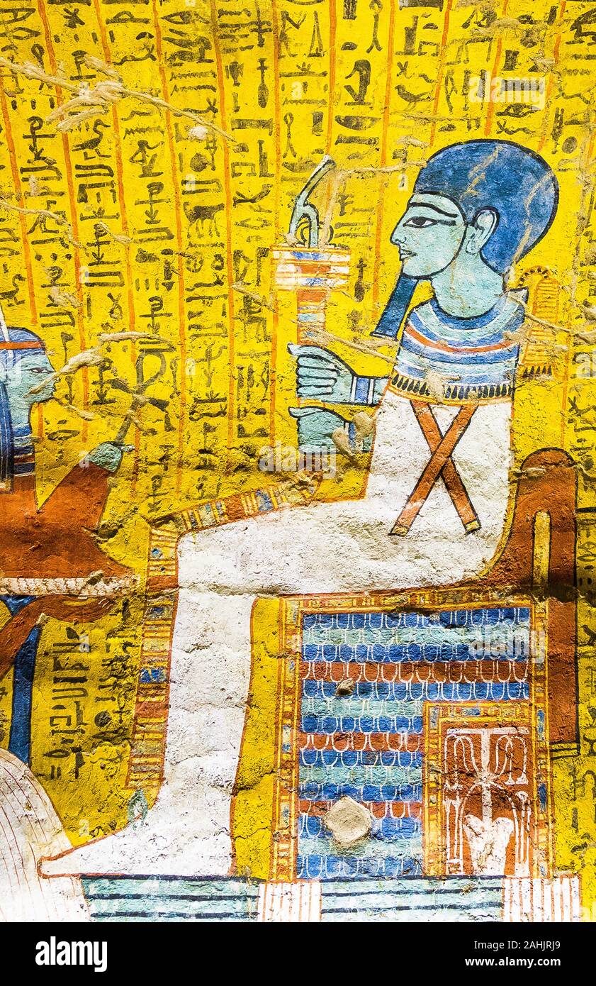 UNESCO World Heritage, Thebes in Egypt, Deir el Medineh, tomb of Irynefer. The god Ptah seats on a throne with the Sema Taouy sign. Stock Photo