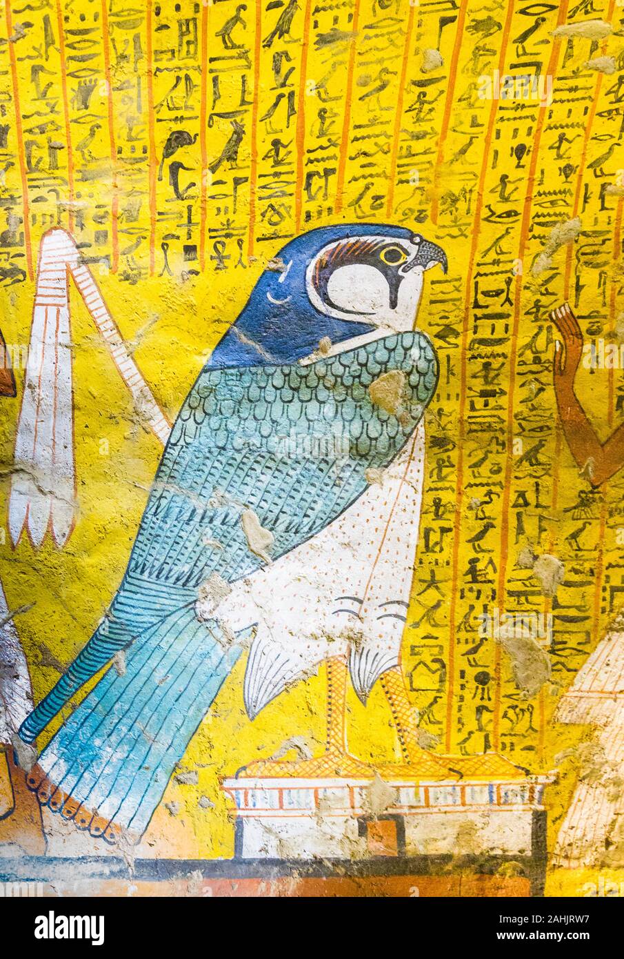 Luxor in Egypt, Deir el Medineh, tomb of Irynefer. In order to revive, The Dead wants to transform into several forms. Here it's a hawk. Stock Photo