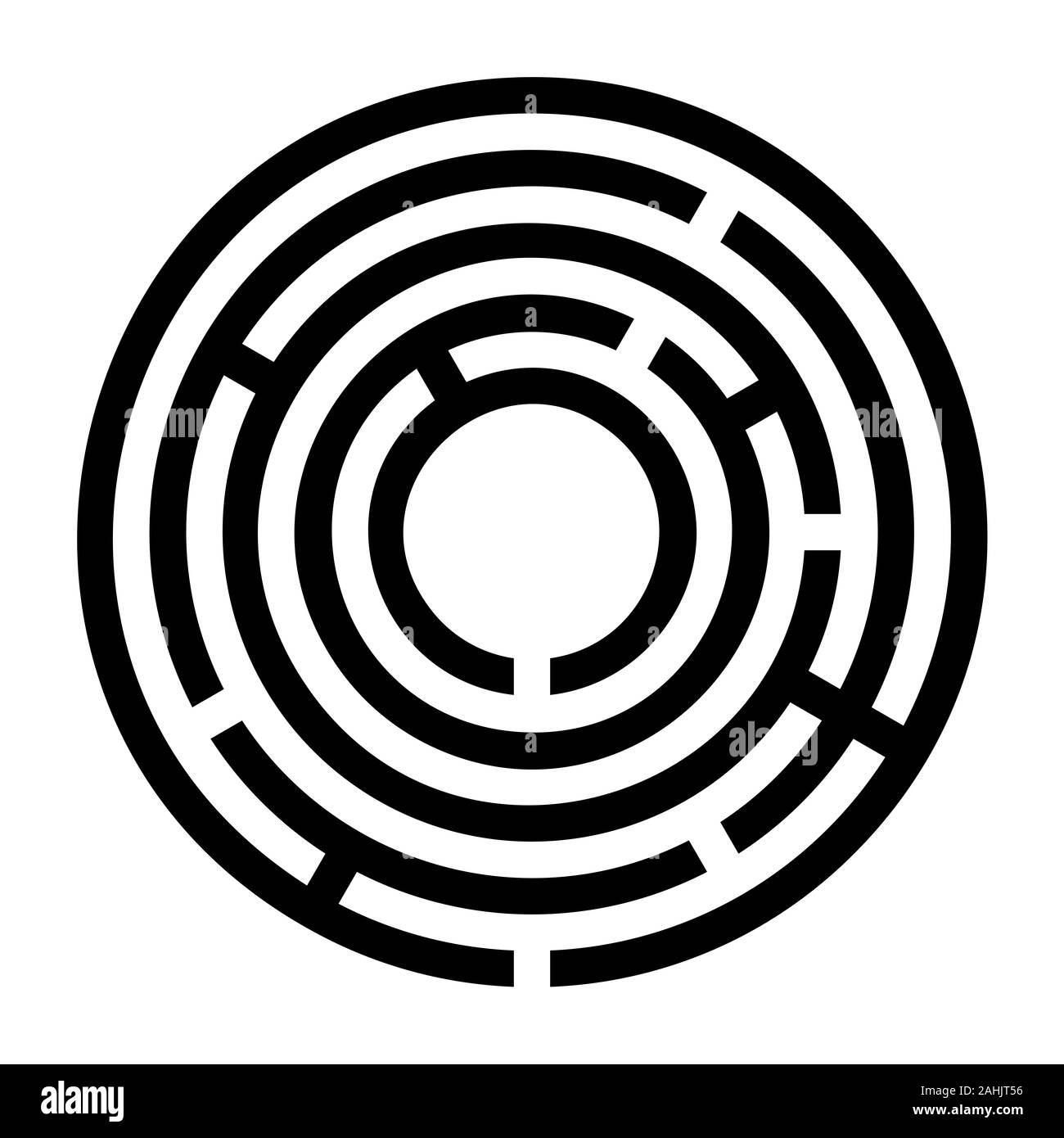 Tiny black circular maze. Radial labyrinth. Find a route to the centre. Print out and follow the path by a pencil or fingertip. Collection of paths. Stock Photo