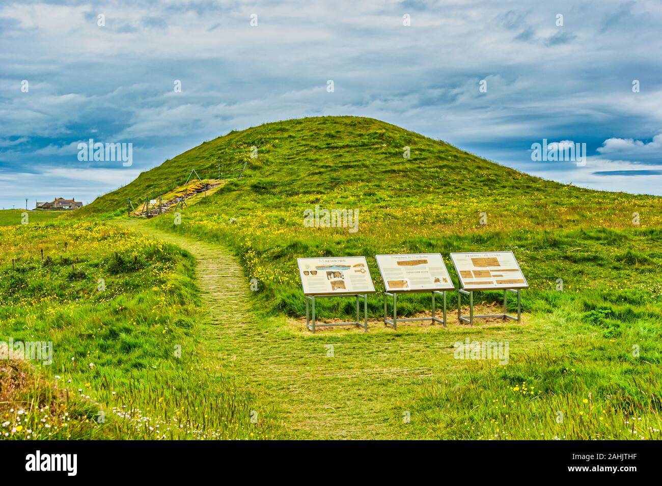 Maeshowe near Stennes Village on the main island of  Orkney Scotland is a fine example of a chambered tomb and more than 5000 years old. Stock Photo