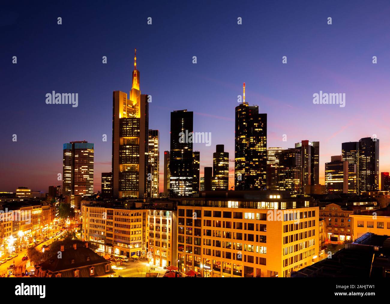 Blue hour - aerial view over over Frankfurt at night Stock Photo