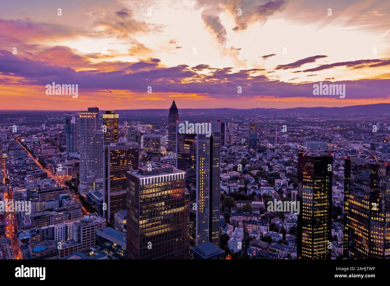 Aerial view over the skyscrapers of  Frankfurt (Germany) at sunset Stock Photo