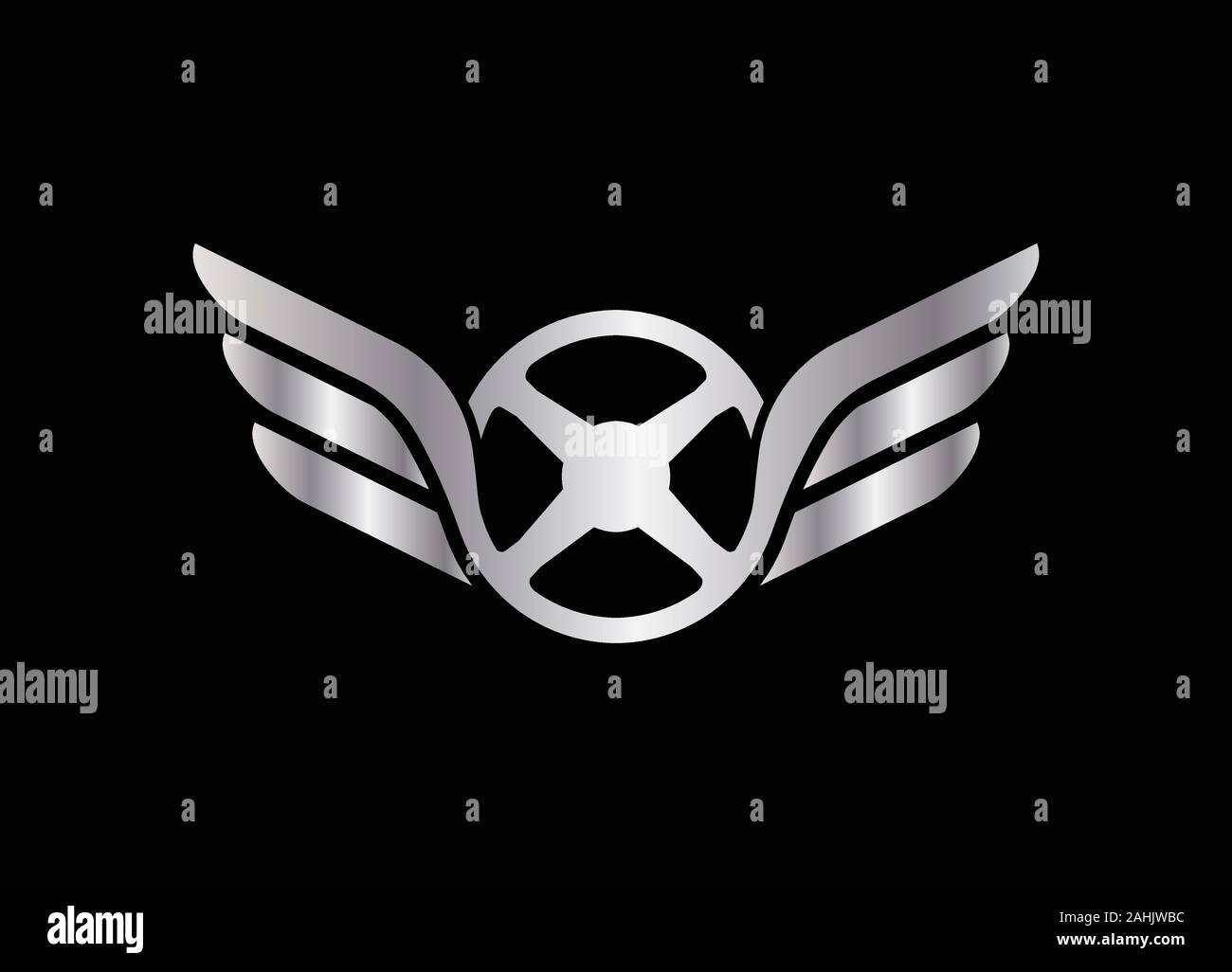 Steering with wings. Car steering logo design incorporated with wings illustration, Silver steering wheel wings logo Stock Vector
