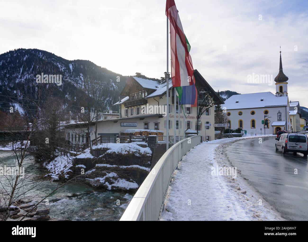 Scharnitz: church Mariahilf, river Isar in Olympiaregion Seefeld, Tirol, Tyrol, Austria Stock Photo