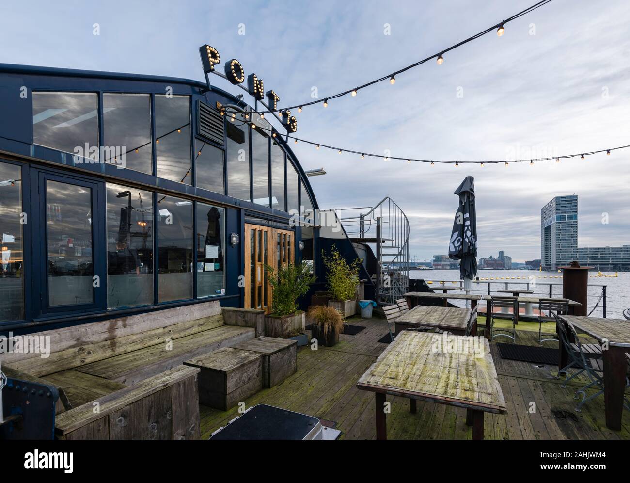 Terrasse of Pont 13, a bar and restaurant on board an old ship at Houthavens, a newly built up-and-coming area of Amsterdam. Stock Photo