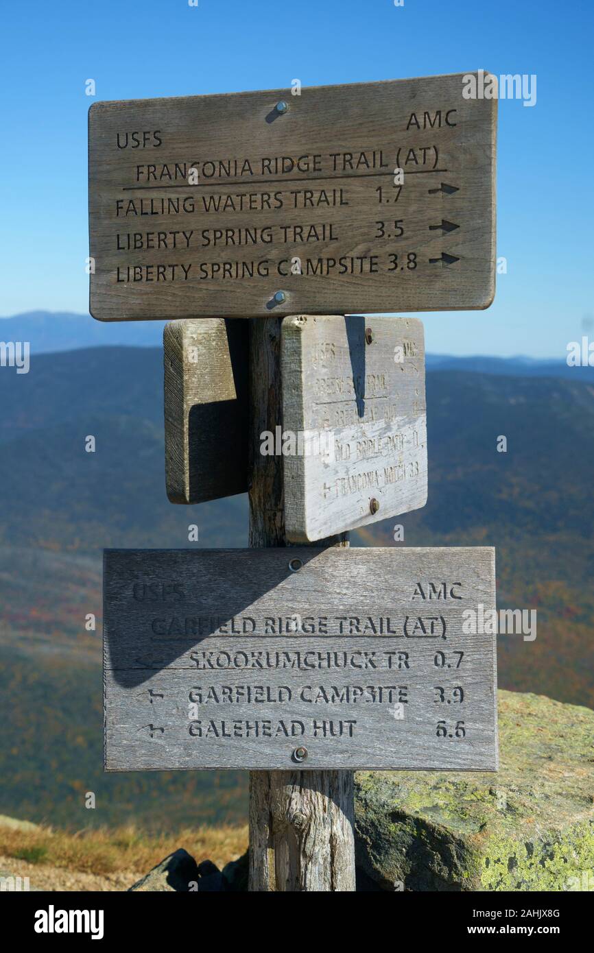 Weathered wooden trail sign on Franconia Ridge, New Hampshire, USA. Stock Photo
