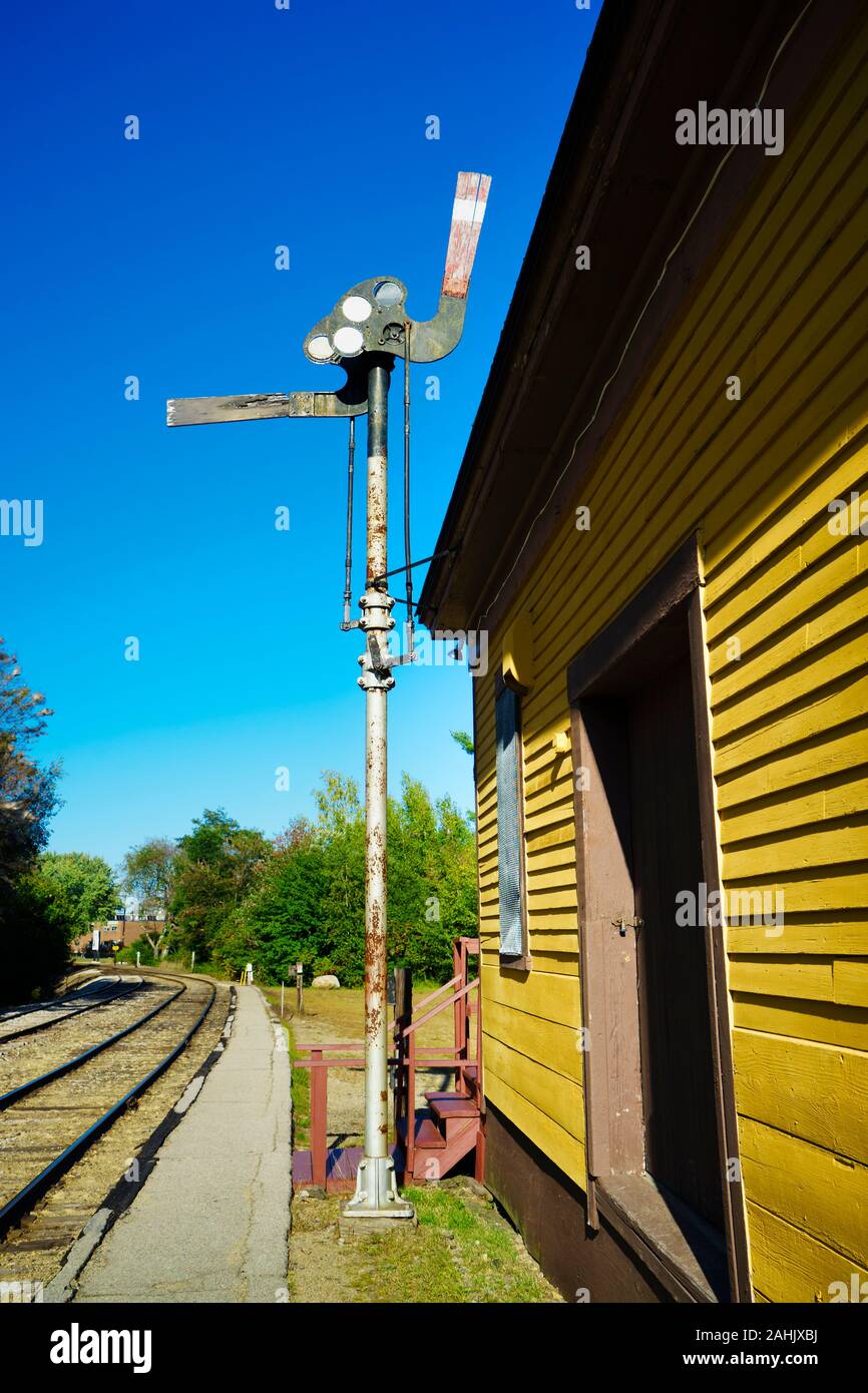 Old semaphore railway signal outside the Conway train station, New Hampshire, USA. Stock Photo