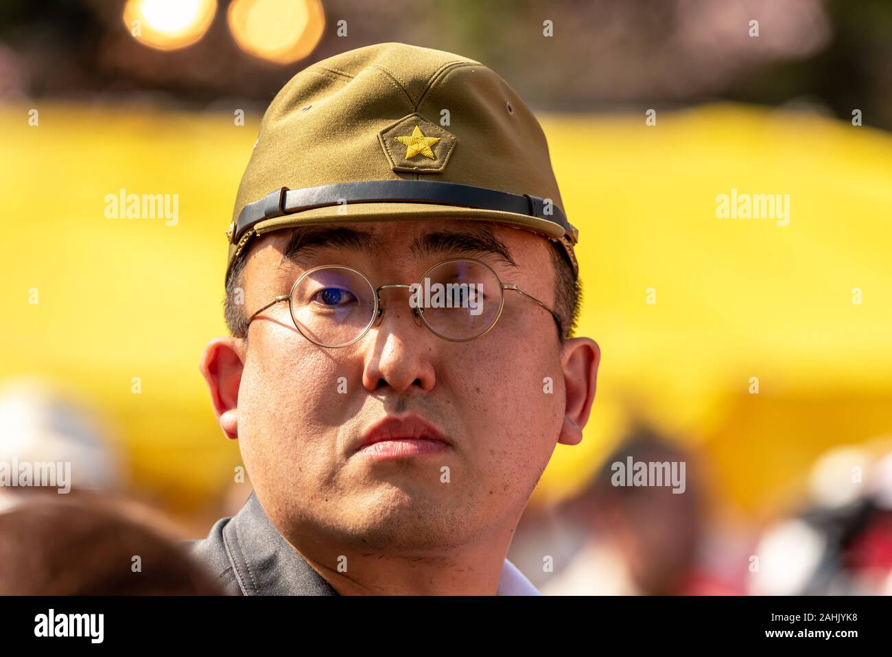 March 6, 2019: Japanese man with soldier uniform. Tokyo Japan Stock Photo