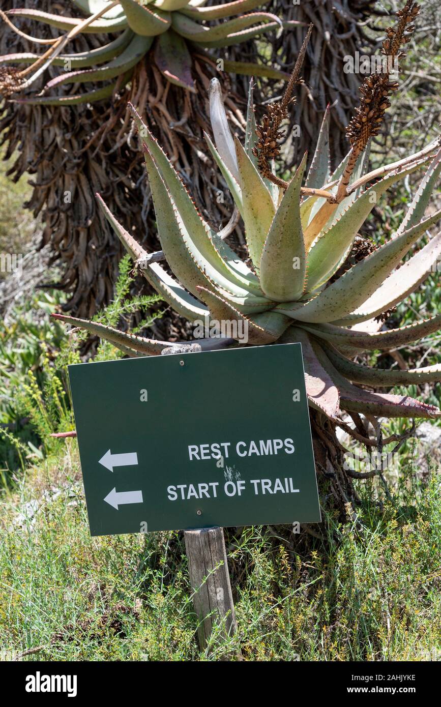 Swellendam, Western Cape, South Africa, December 2019. Walking trail and directional sign post on Aloe Hill Bontebok Park, on the Garden Route. Stock Photo