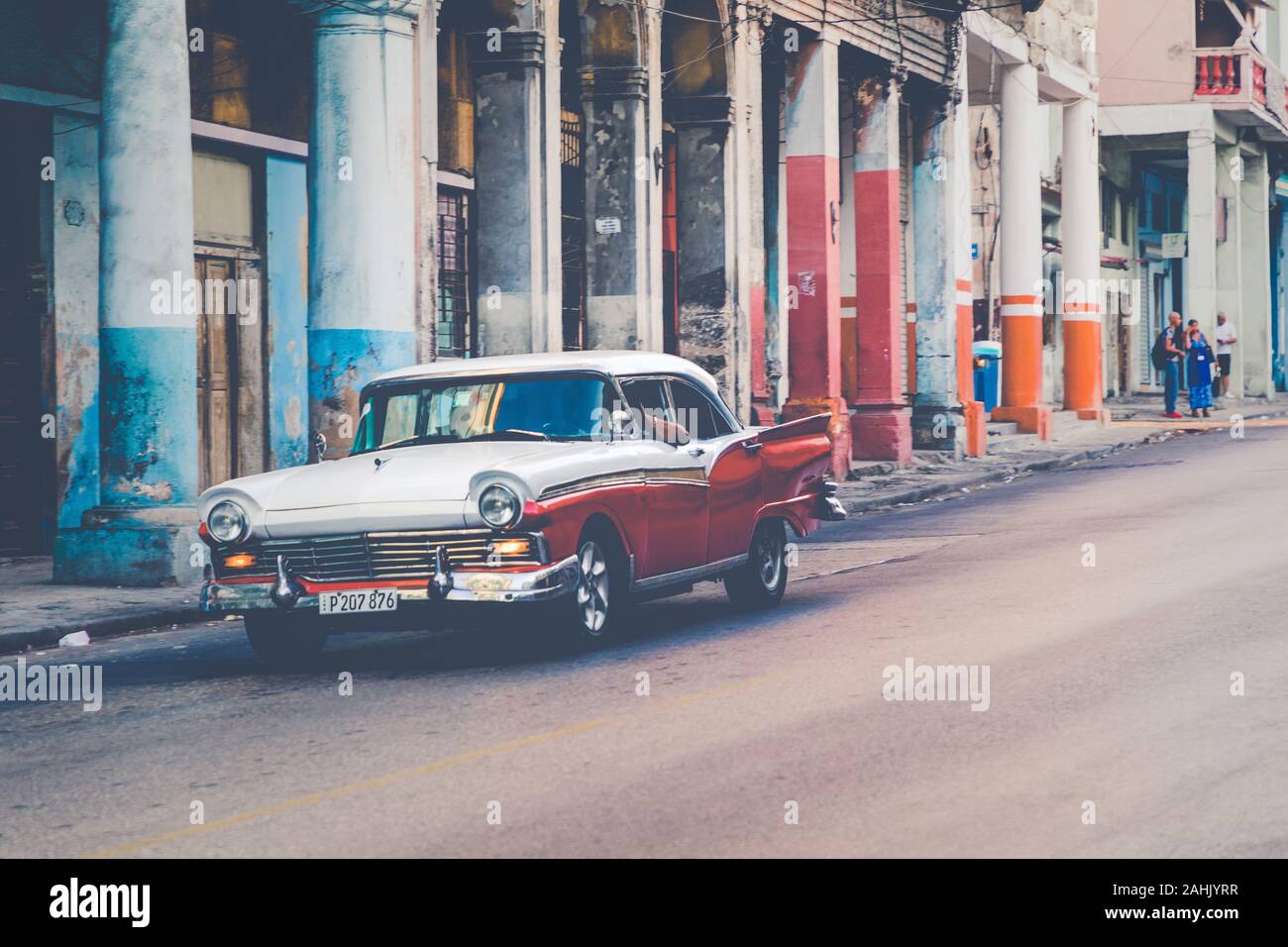 HAVANA, CUBA - DECEMBER 10, 2019: Vintage colored classic american cars in Old Havana, Cuba. Stock Photo