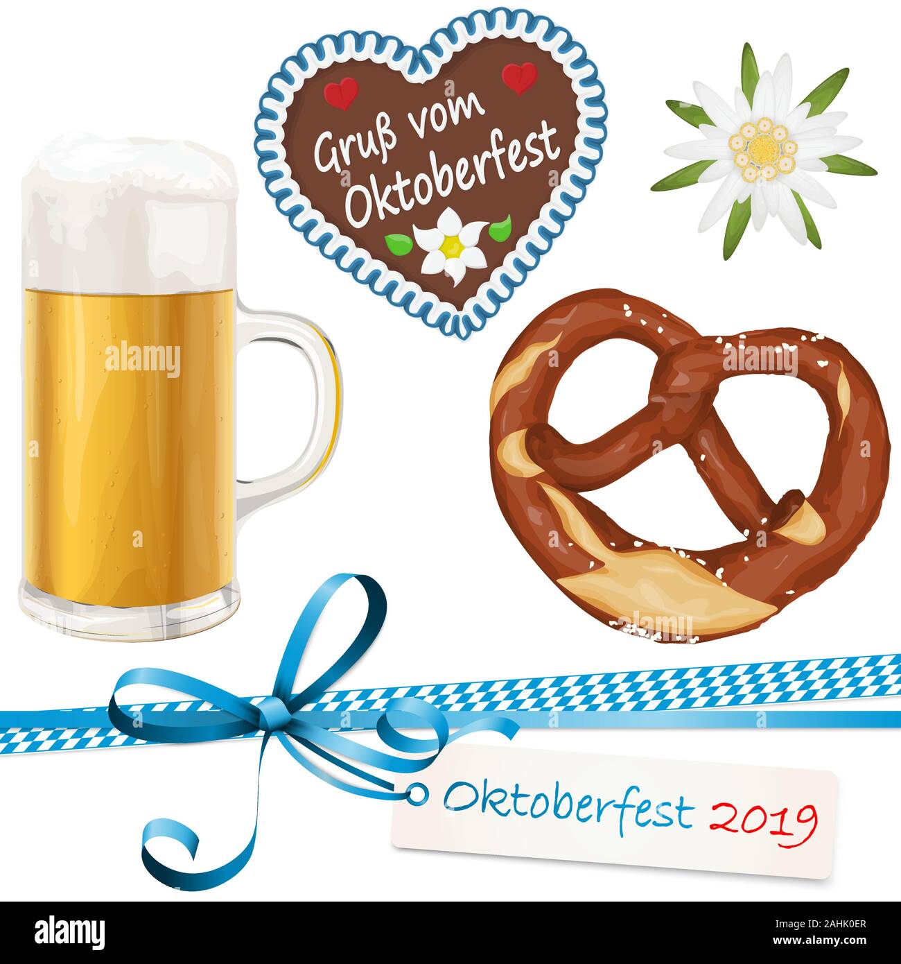 collection of typical illustrated Oktoberfest objects, beer, bretzel, gingerbread heart with text 'greetings from Oktoberfest' (in german), Edelweiss Stock Vector