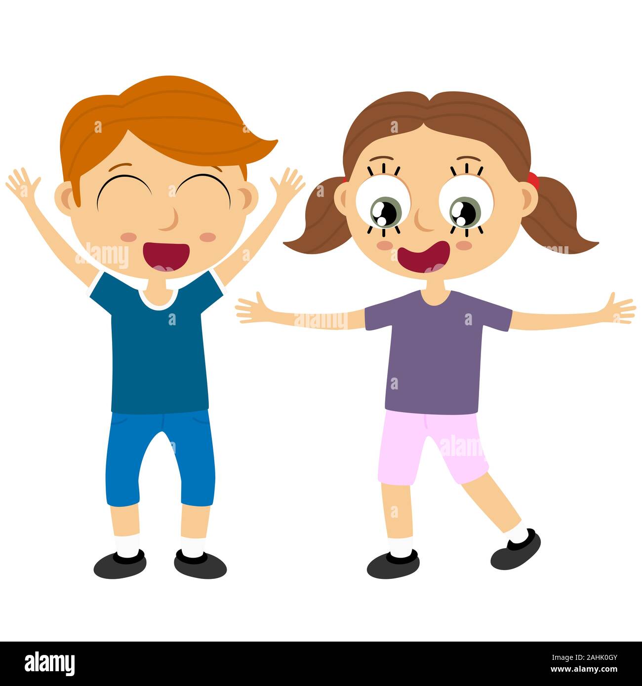 EPS10 vector file showing happy young kids with different skin colors, boys and girls laughing, hopping,  playing and having fun together Stock Vector