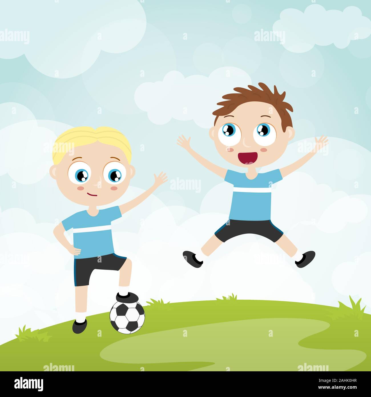 EPS10 vector file showing happy young kids football team players with white skin colors, boys laughing, hopping, playing ball together in front of sum Stock Vector
