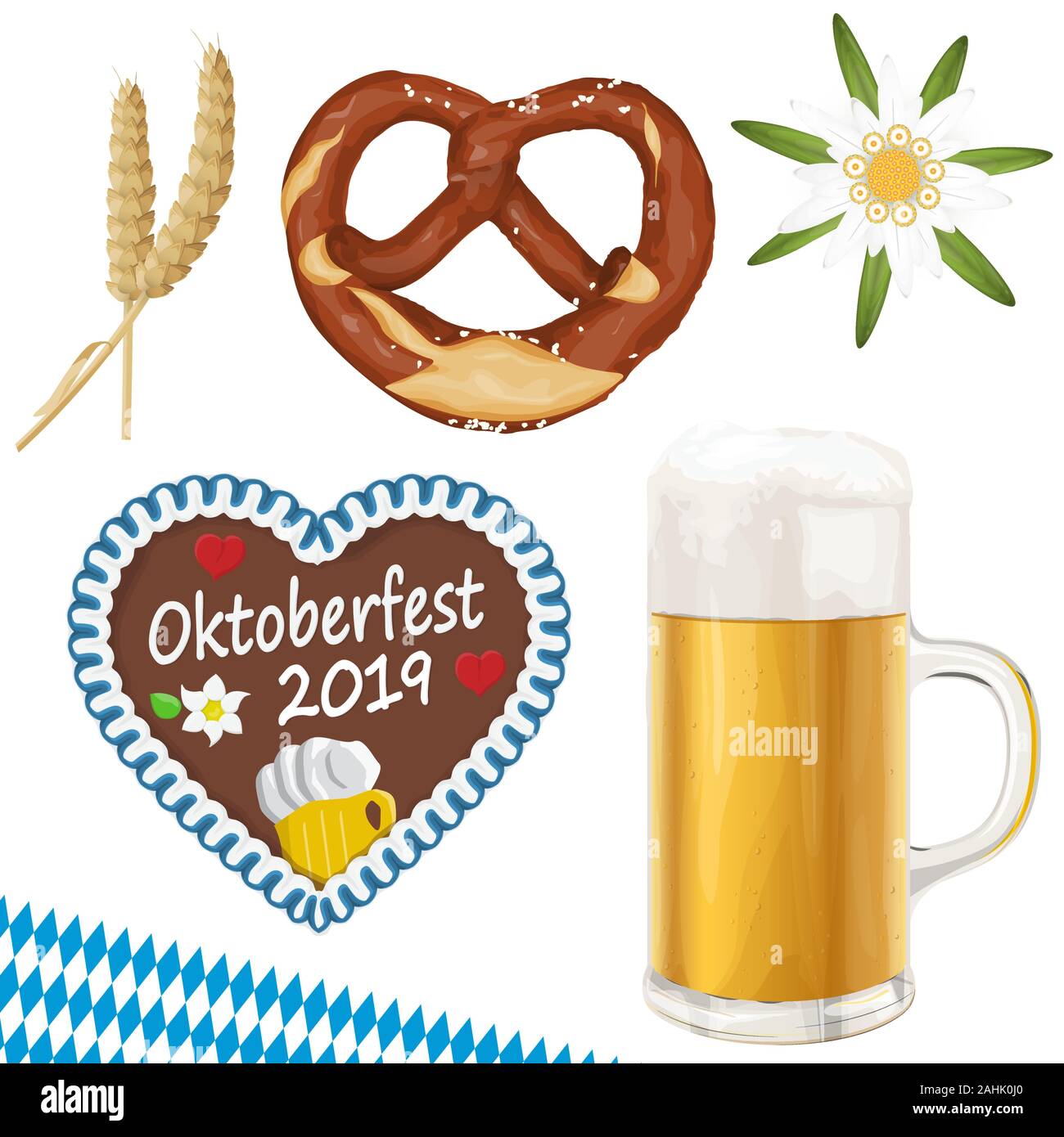collection of typical illustrated Oktoberfest objects, beer, bretzel, wheat, Edelweiss flower and gingerbread heart for beer garden time 2019 Stock Vector