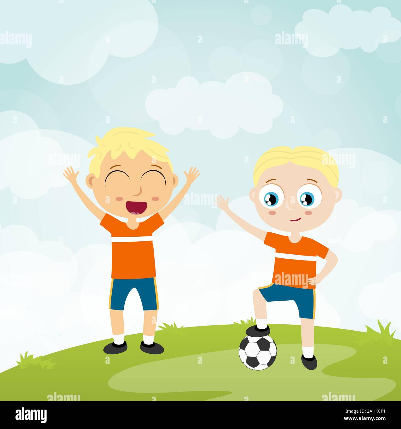 EPS10 vector file showing happy young kids football team players with white skin colors, boys laughing, hopping, playing ball together in front of sum Stock Vector