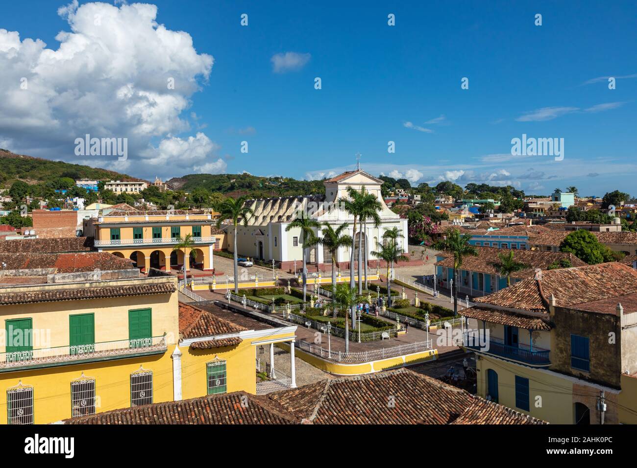 Trinidad, panoramic skyline with mountains and colonial houses. The village is a Unesco World Heritage and major tourist landmark in the Caribbean Isl Stock Photo
