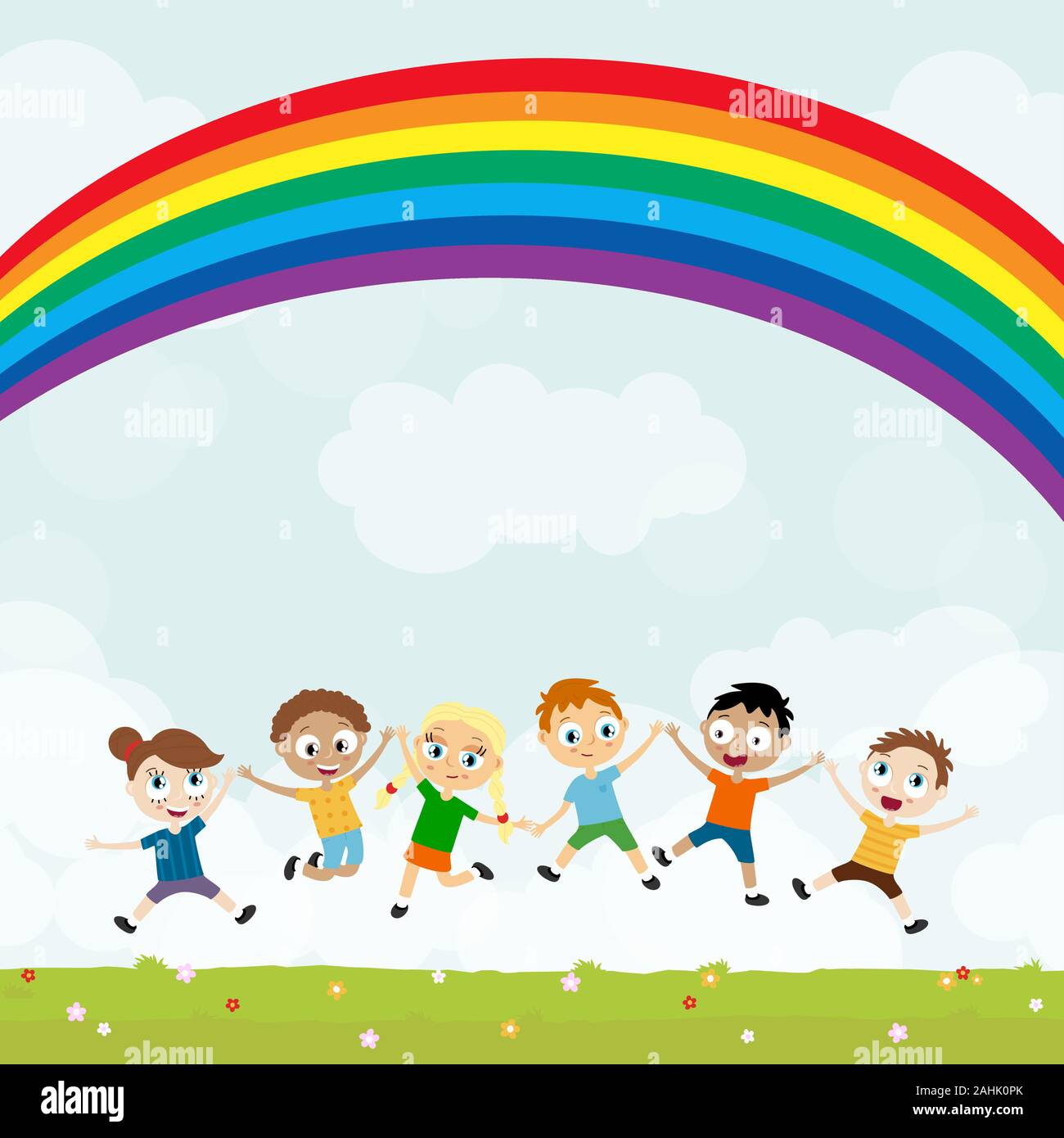 EPS10 vector file showing happy young kids with different skin colors, boys and girls laughing, hopping, playing and having fun together in front of s Stock Vector