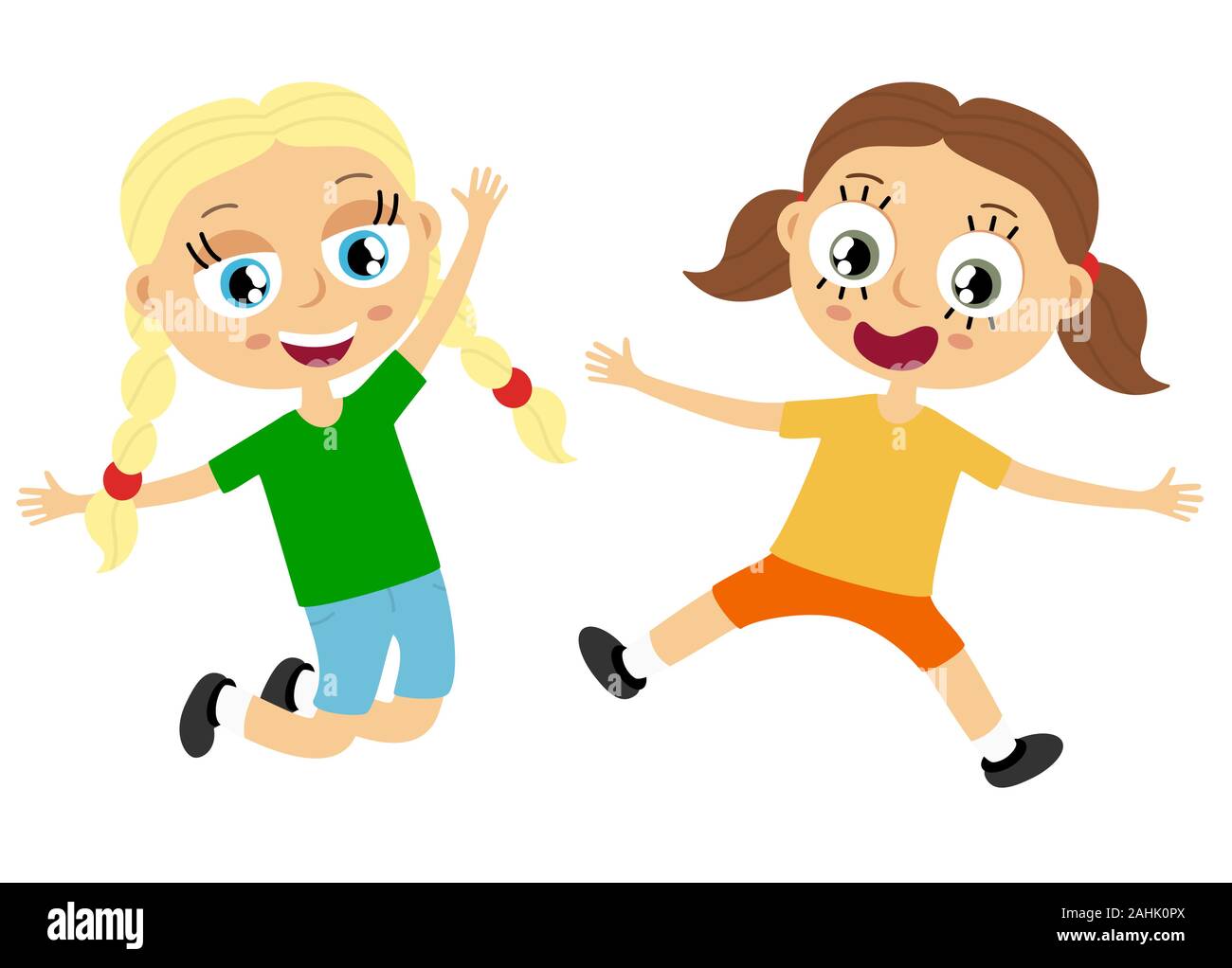 EPS10 vector file showing happy young kids with different skin colors, girls laughing, hopping,  playing and having fun together Stock Vector