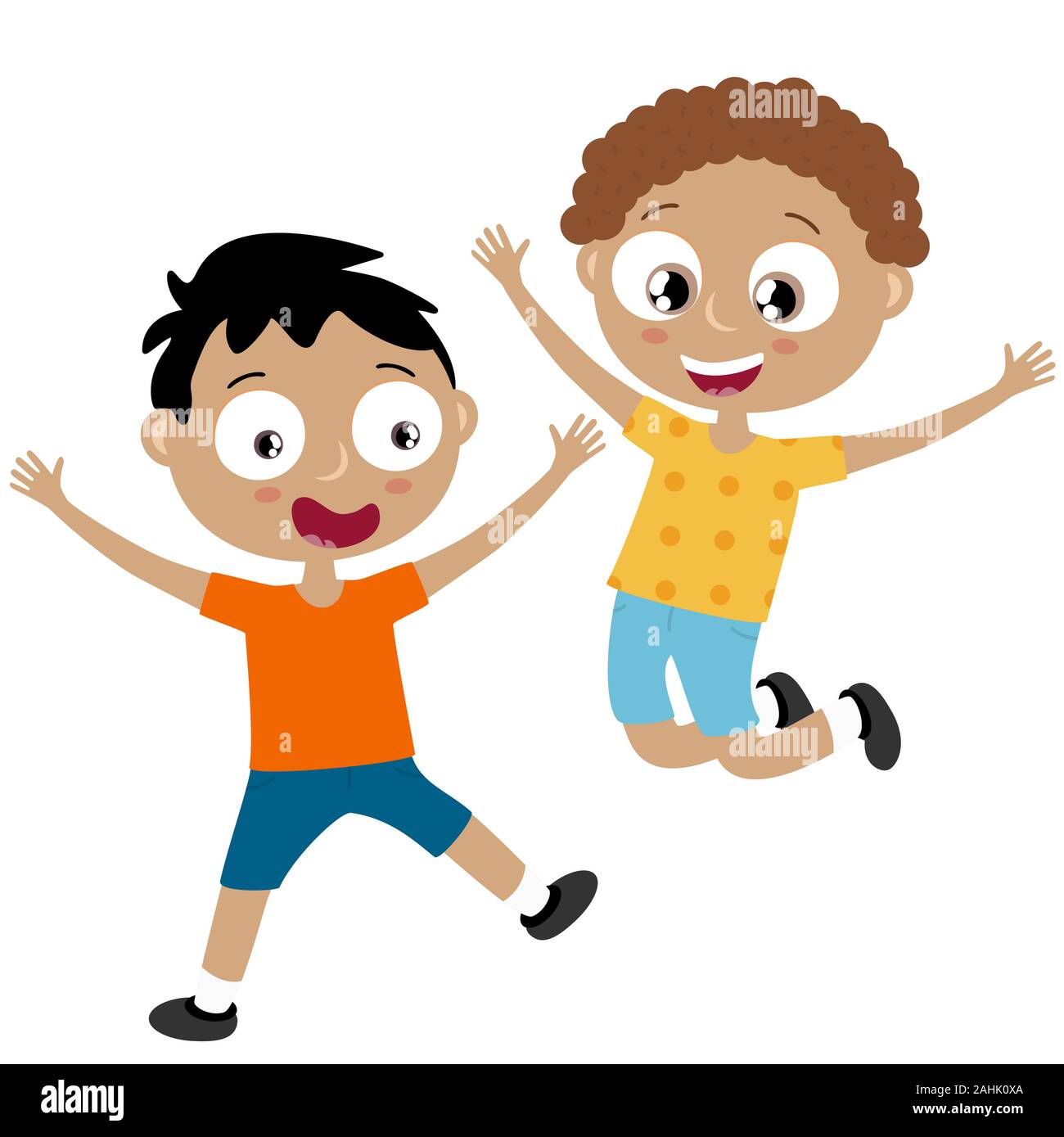 EPS10 vector file showing happy young kids with different skin colors, boys laughing, hopping,  playing and having fun together Stock Vector