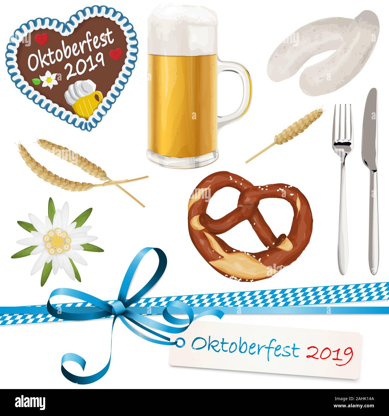 collection of typical illustrated Oktoberfest objects, beer, bretzel, gingerbread heart with text 'Oktoberfest 2019', Edelweiss flower, wheat, white s Stock Vector