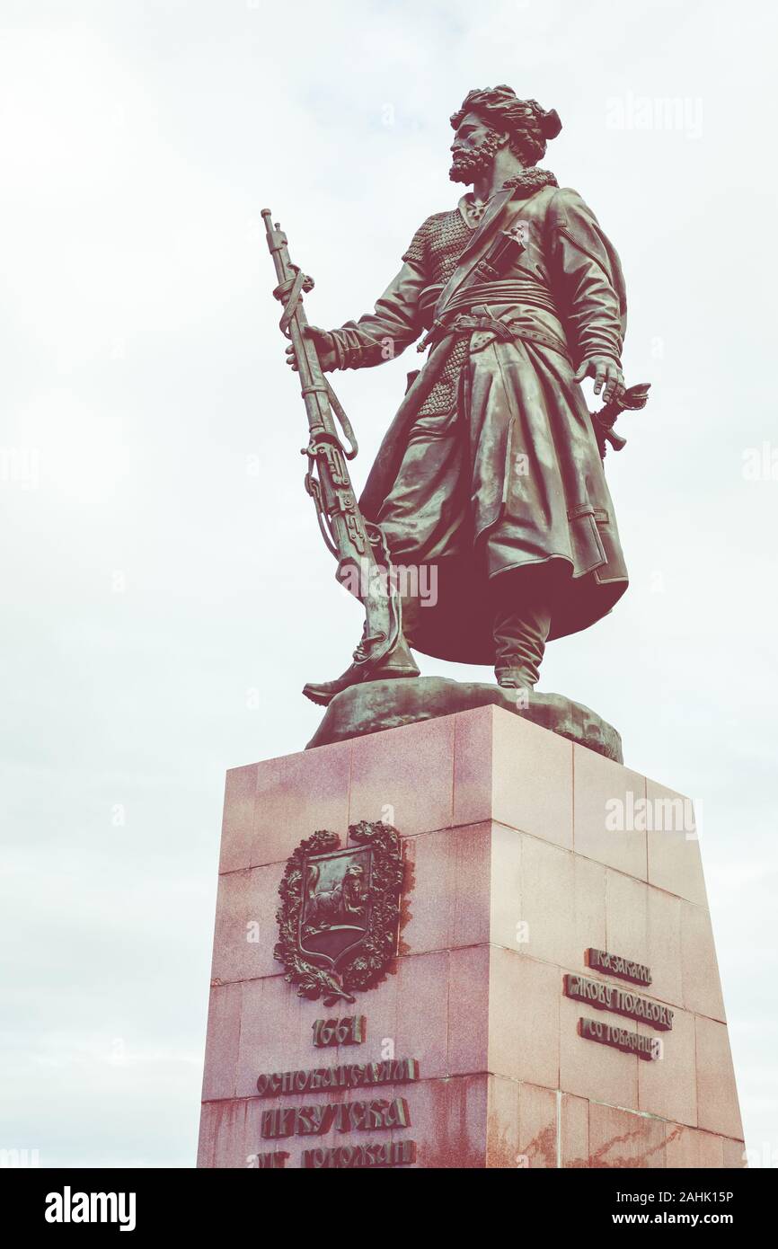 IRKUTSK, RUSSIA - SEPTEMBER 08, 2019: Monument to the founders of the city of Irkutsk, on the banks of the river Angara. Stock Photo