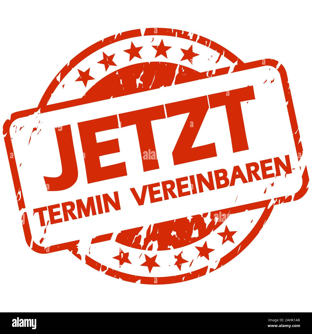 EPS 10 vector with round red colored stamp with banner and text arrange meeting now (in german) Stock Vector