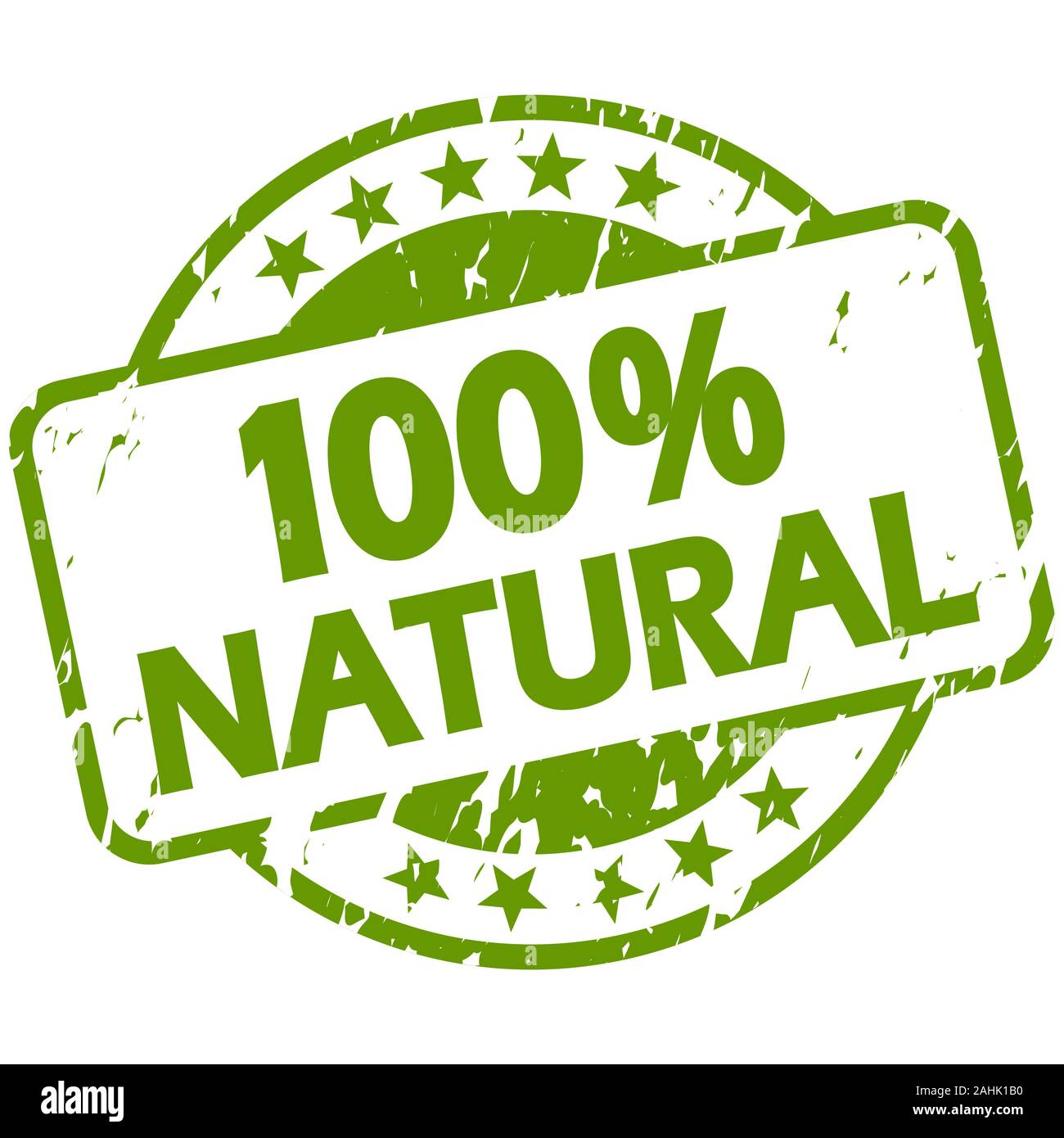 EPS 10 vector with round green colored grunge stamp with banner and text 100% natural Stock Vector