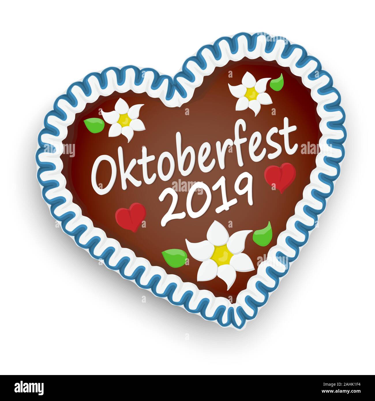 illustrated gingerbread heart with text Oktoberfest 2019 and red hearts and german Edelweiss flowers Stock Vector