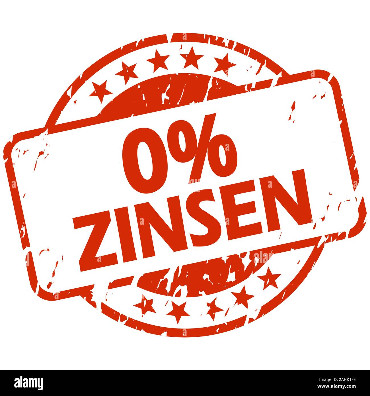 EPS 10 vector with round red colored grunge stamp with banner and text 0% interest (in german) Stock Vector