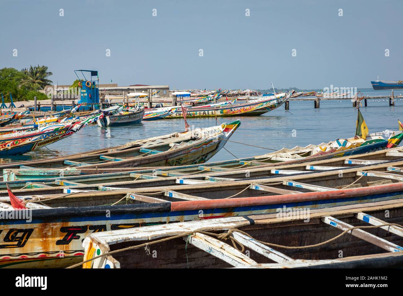 Traditional painted wooden fishing boat in Djiffer, Senegal. West Africa. Stock Photo