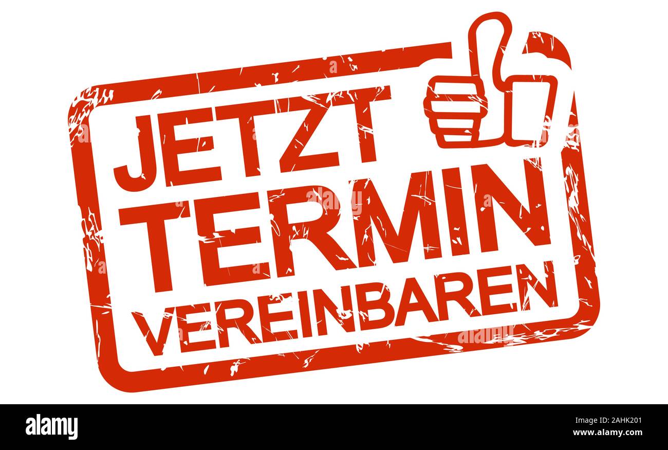 red grunge stamp with frame, big thumbs up and text arrange meeting now (in german) Stock Vector