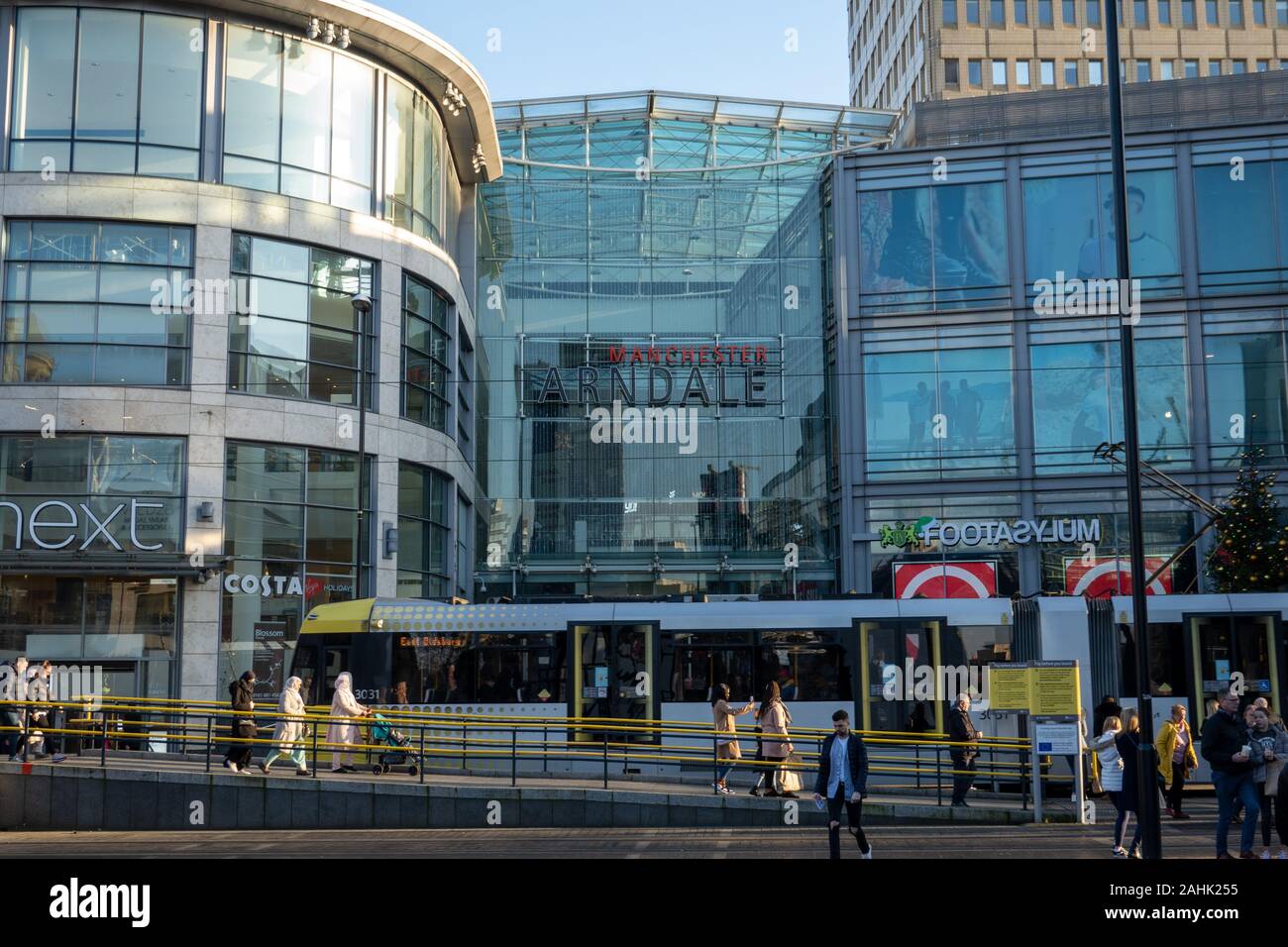 Tram outside Manchester Arndale Centre, Manchester City Centre Stock Photo