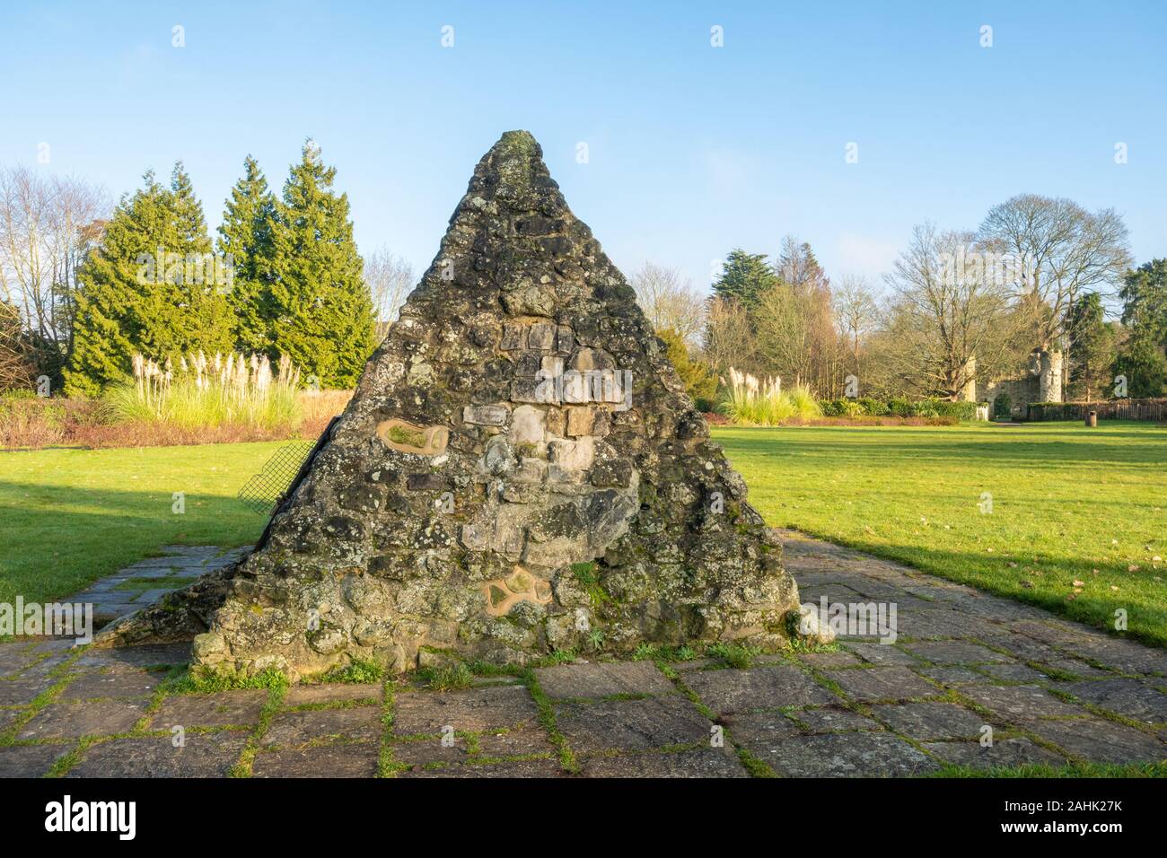 The stone pyramid in Reigate Castle Grounds, Surrey, UK, which is the top entrance to the Barons Cave, the original castle cellars. Stock Photo