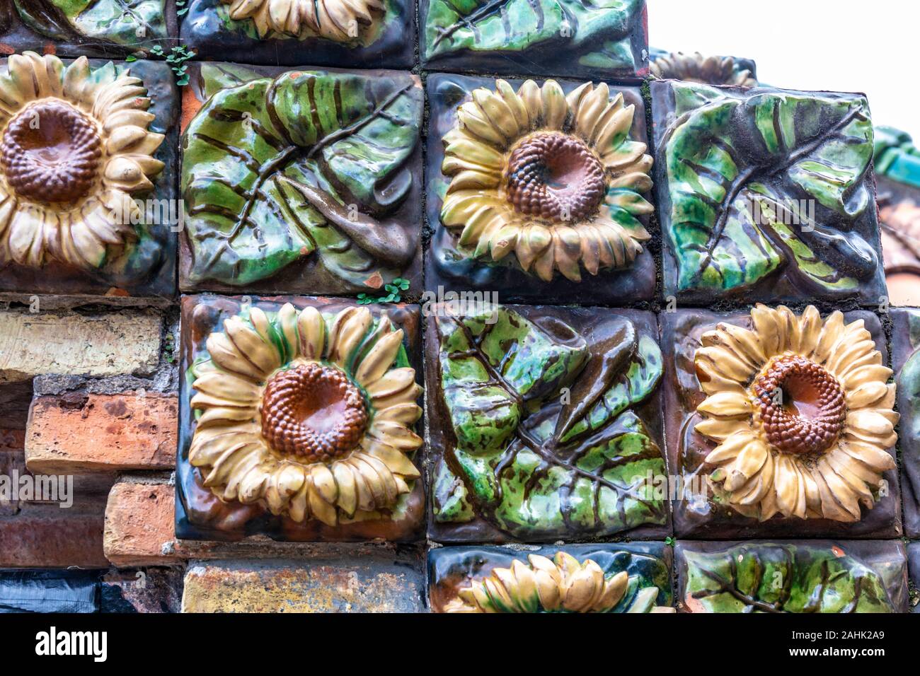 A sample tile on the exterior of El Capricho designed by Gaudi.   Comillas is one of the northern Spanish region of Cantabria’s most symbolic places Stock Photo