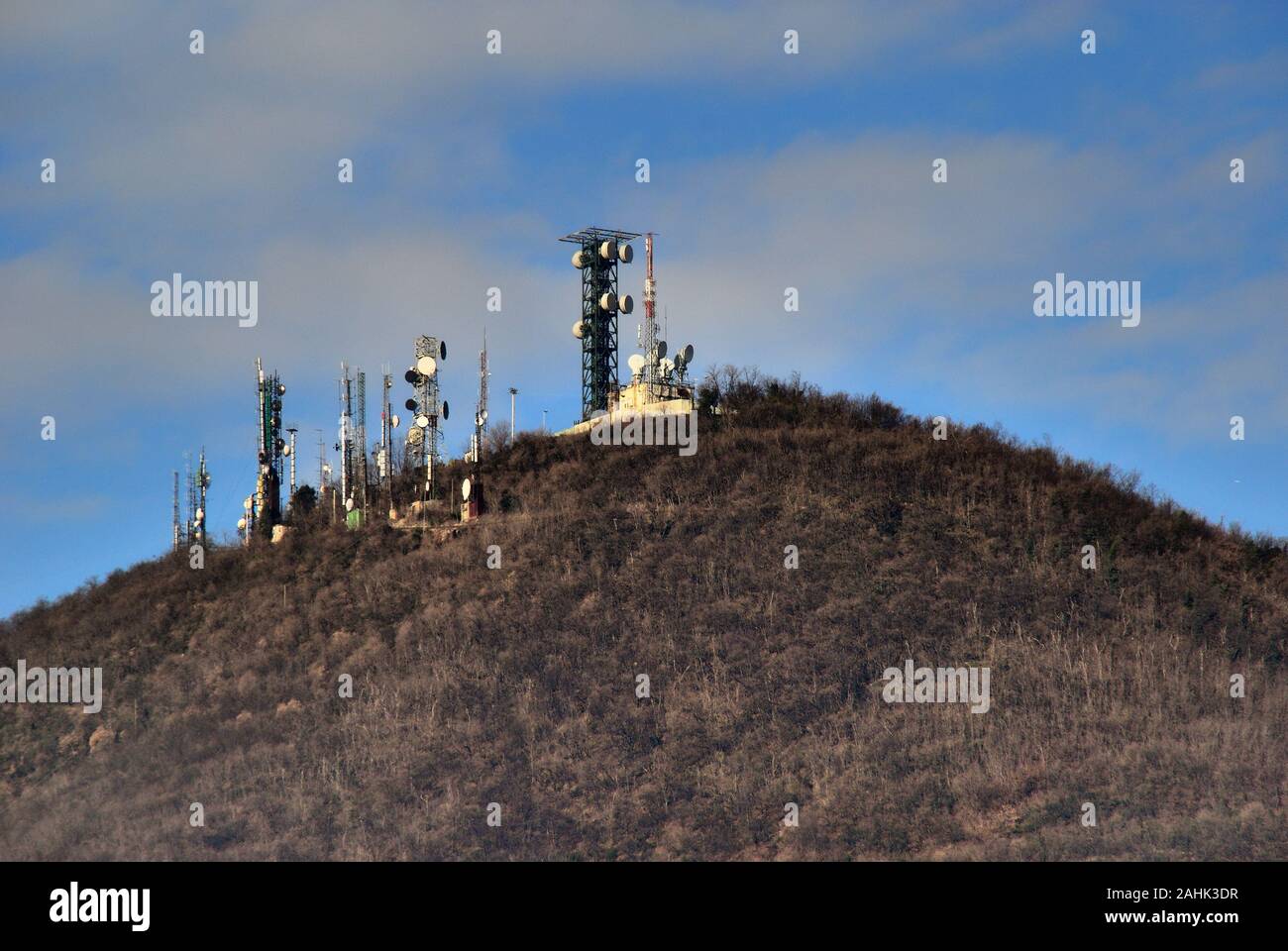 BTS towers on mount Venda, Veneto, Italy. Stock Photo